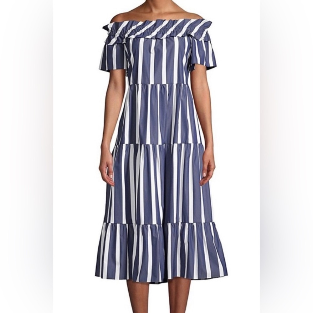 New TRINA TURK Cattleya Striped Midi Dress Blue White Off The Shoulder Tiered
